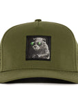Forest Green waterproof baseball cap with a black fabric patch featuring a beaver design Six hats Supply