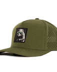 Forest Green waterproof baseball cap with a black patch featuring a beaver design Six hats Supply