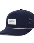 Navy tradesman blue baseball cap waterproof sweat proof with a white fabric side view