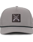 Gray signature baseball mesh cap with arrow woven fabric patch waterproof and sweat proof hat Six Hats Supply