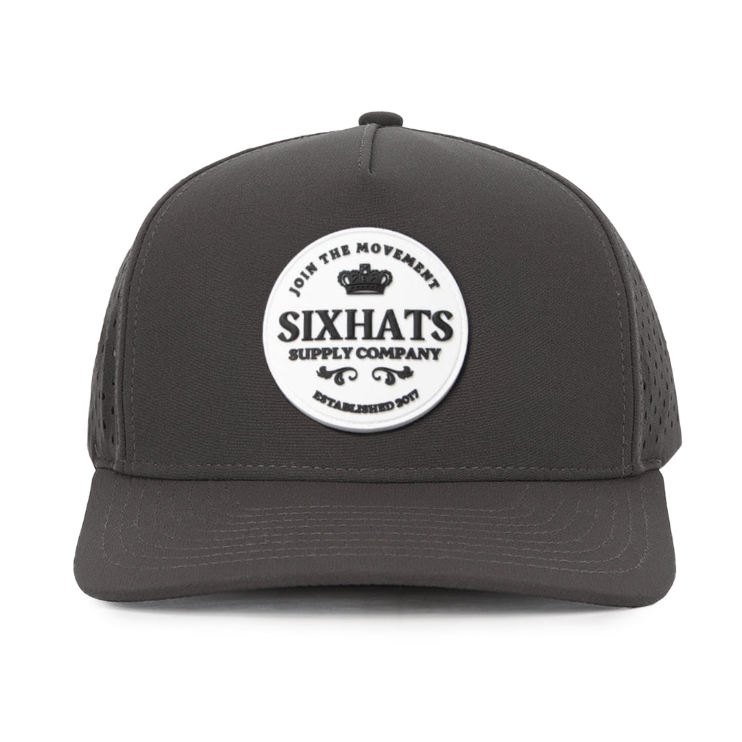 Charcoal signature cap with Crown white rubber patch sew on in front waterproof hats custom made Six Hats Supply