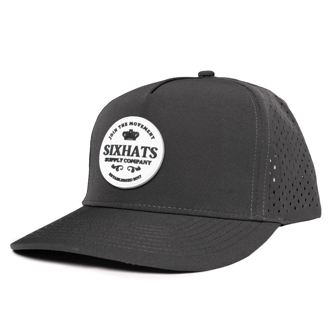 Charcoal signature cap with Crown white rubber patch sew on in front waterproof and sweat proof hats custom made Six Hats Supply