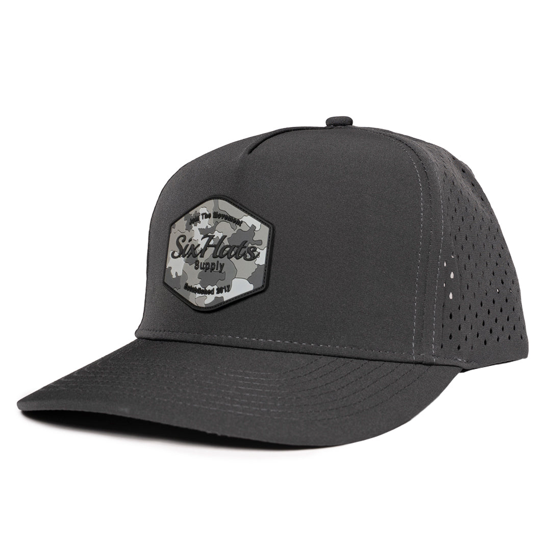 Charcoal Signature hat with Camo Hex rubber patch sew on in front waterproof  and sweat proof caps custom made Six hats Supply