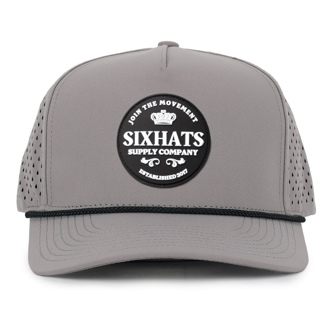 Grey Signature crown black rubber patch sew on in front waterproof  custom made  Six Hats supply