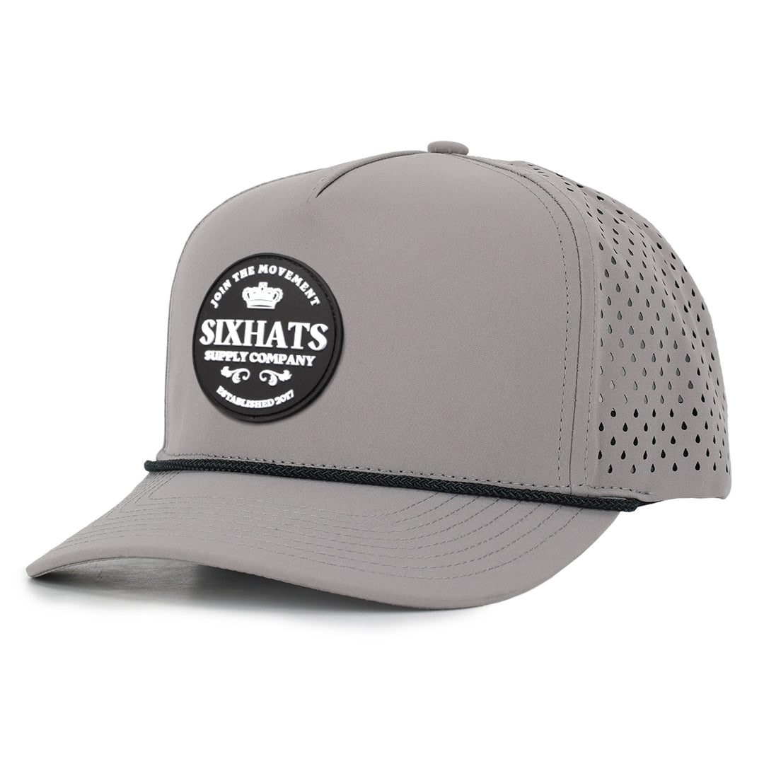 Grey Signature crown black rubber patch sew on in front waterproof and sweat proof custom made Six Hats supply