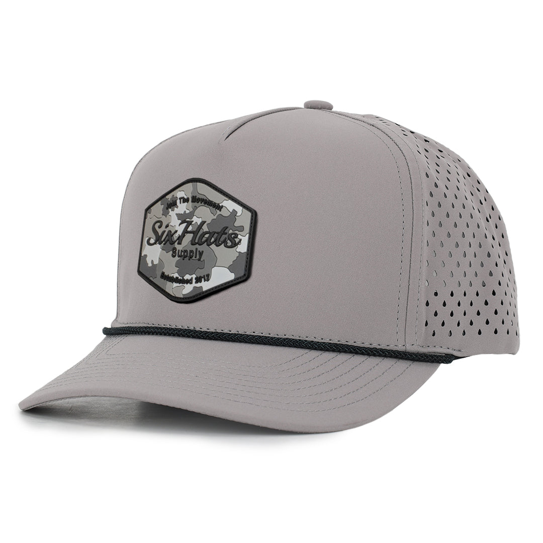 Grey Signature with Hex camo rubber patch sew on in front waterproof an sweat proof hats custom made Six Hats Supply