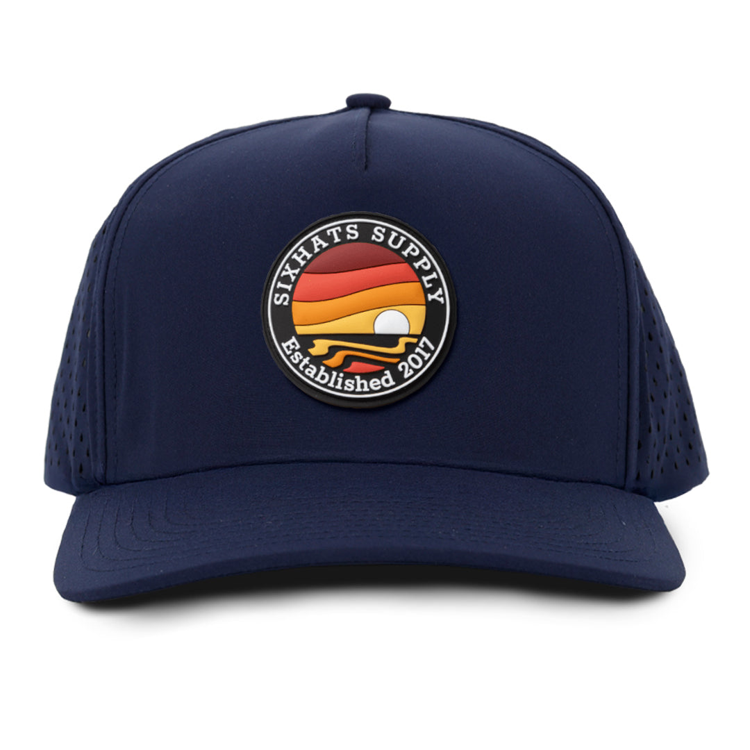 Navy Signature Horizon rubber patch sew on in front waterproof hats custom made Six Hats Supply