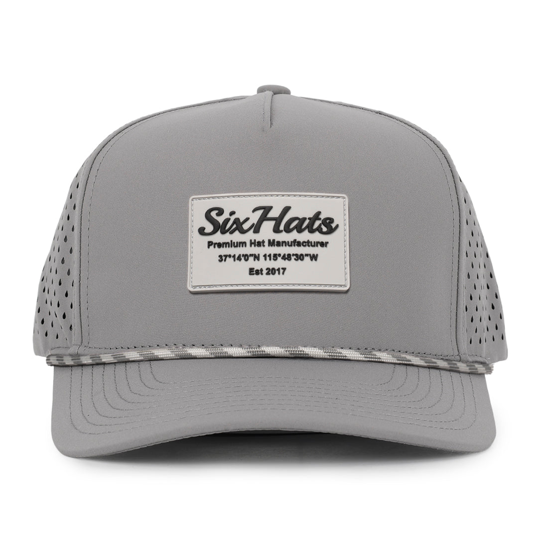 Grey Signature baseball cap range grey rubber patch sew on in front waterproof custom made Six Hats Supply