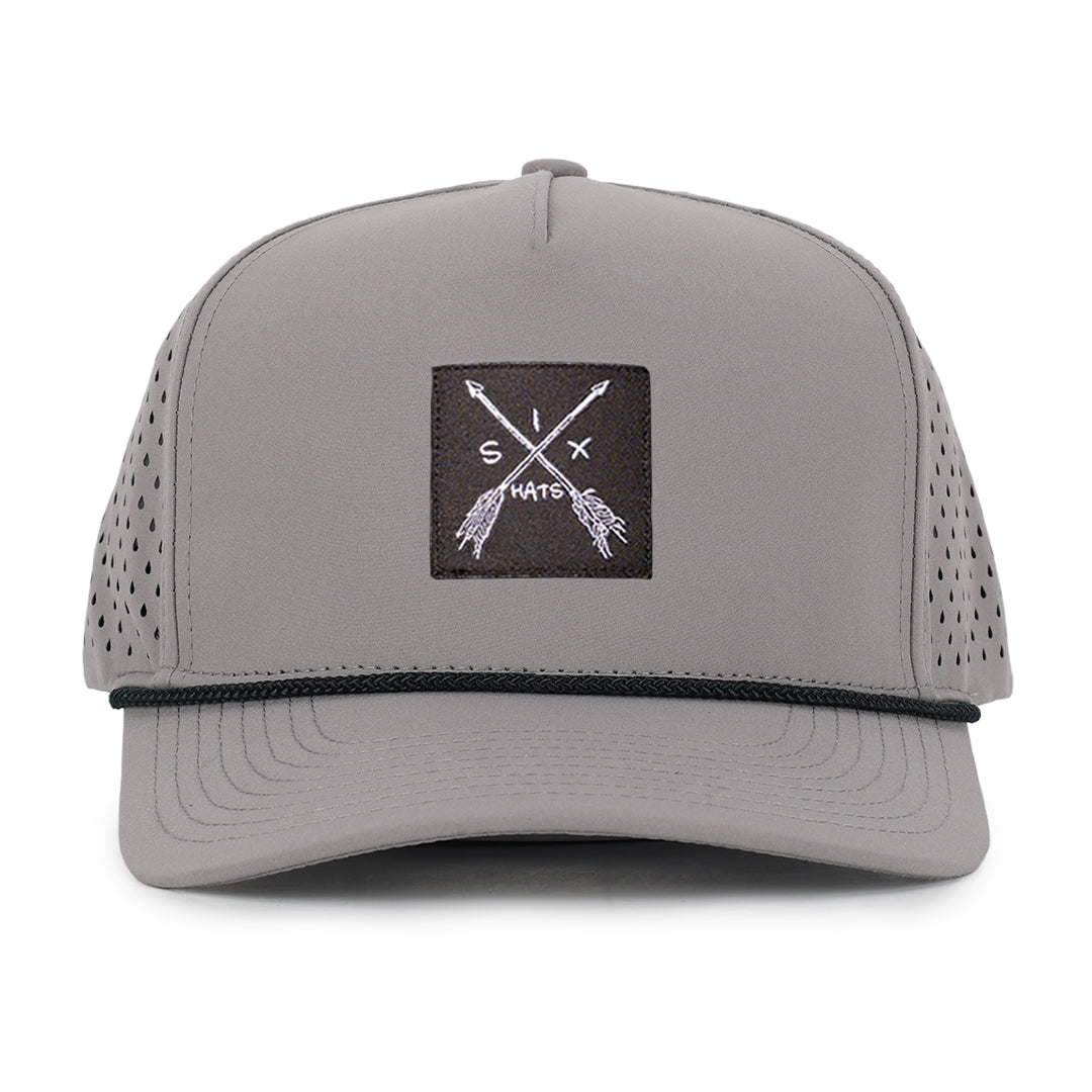 Gray signature baseball mesh cap with arrow woven fabric patch waterproof and sweat proof hat Six Hats Supply