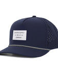 Navy blue baseball cap waterproof sweat proof with a white fabric patch side view