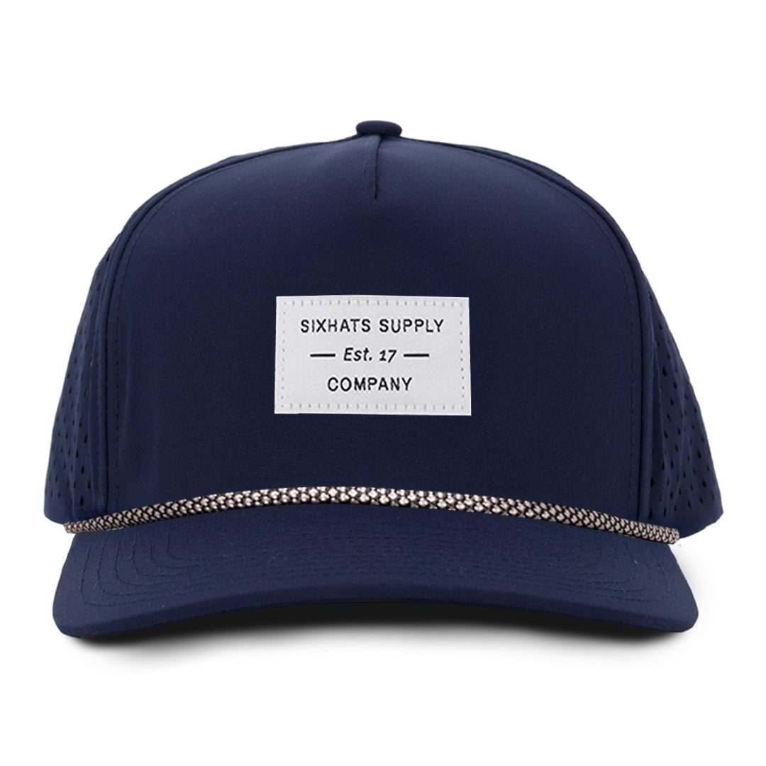 Navy blue baseball cap waterproof sweat proof with a white fabric patch
