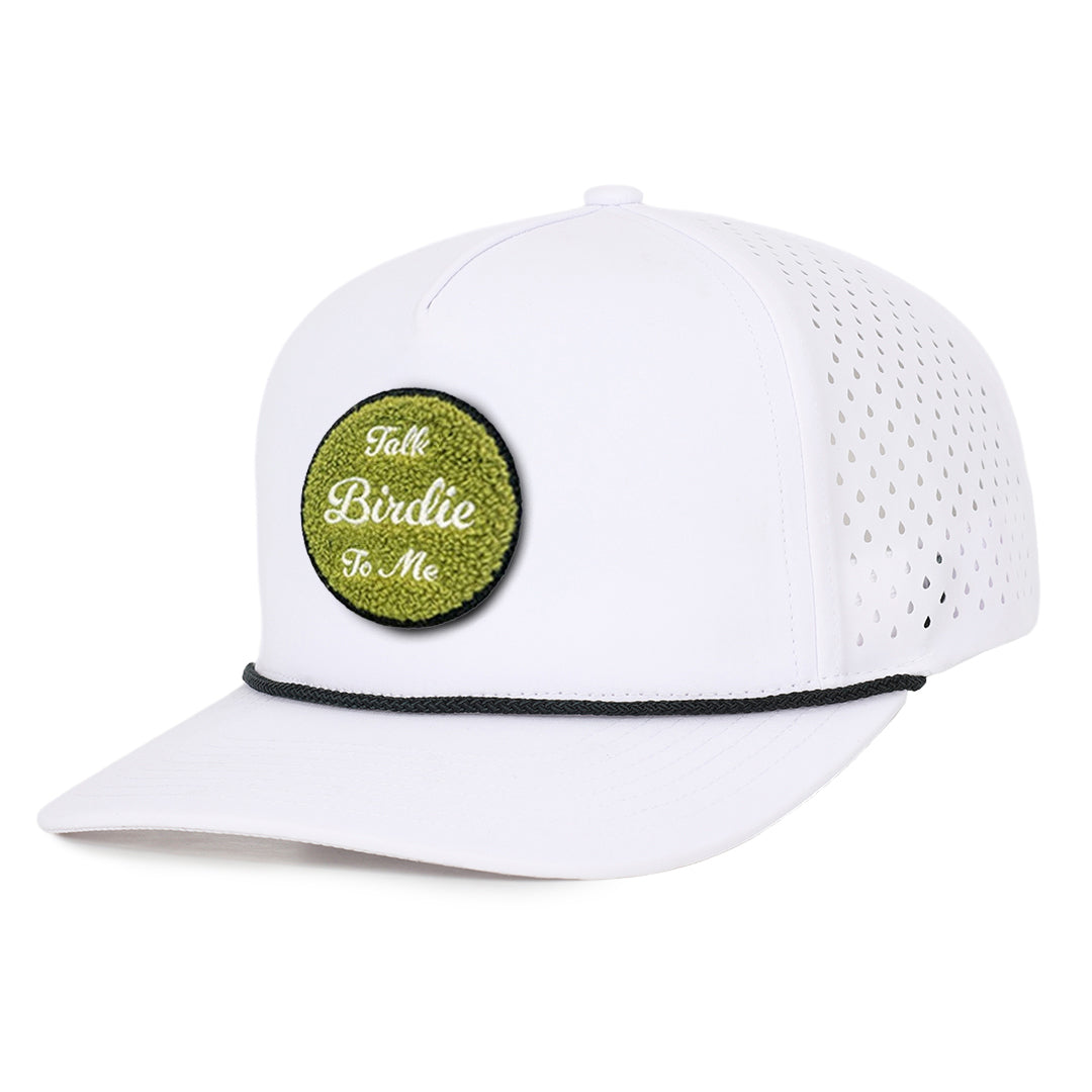 White_Signature_side_view_waterproof_sweat_proof_hats_Talk_Birdie_to_me_chenille_patch