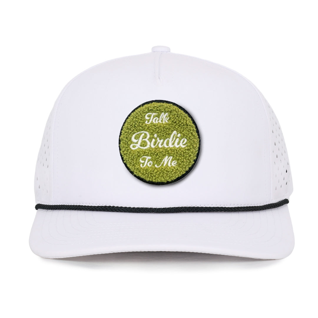 White_Signature_waterproof_sweat_proof_hats_Talk_Birdie_to_me_chenille_patch