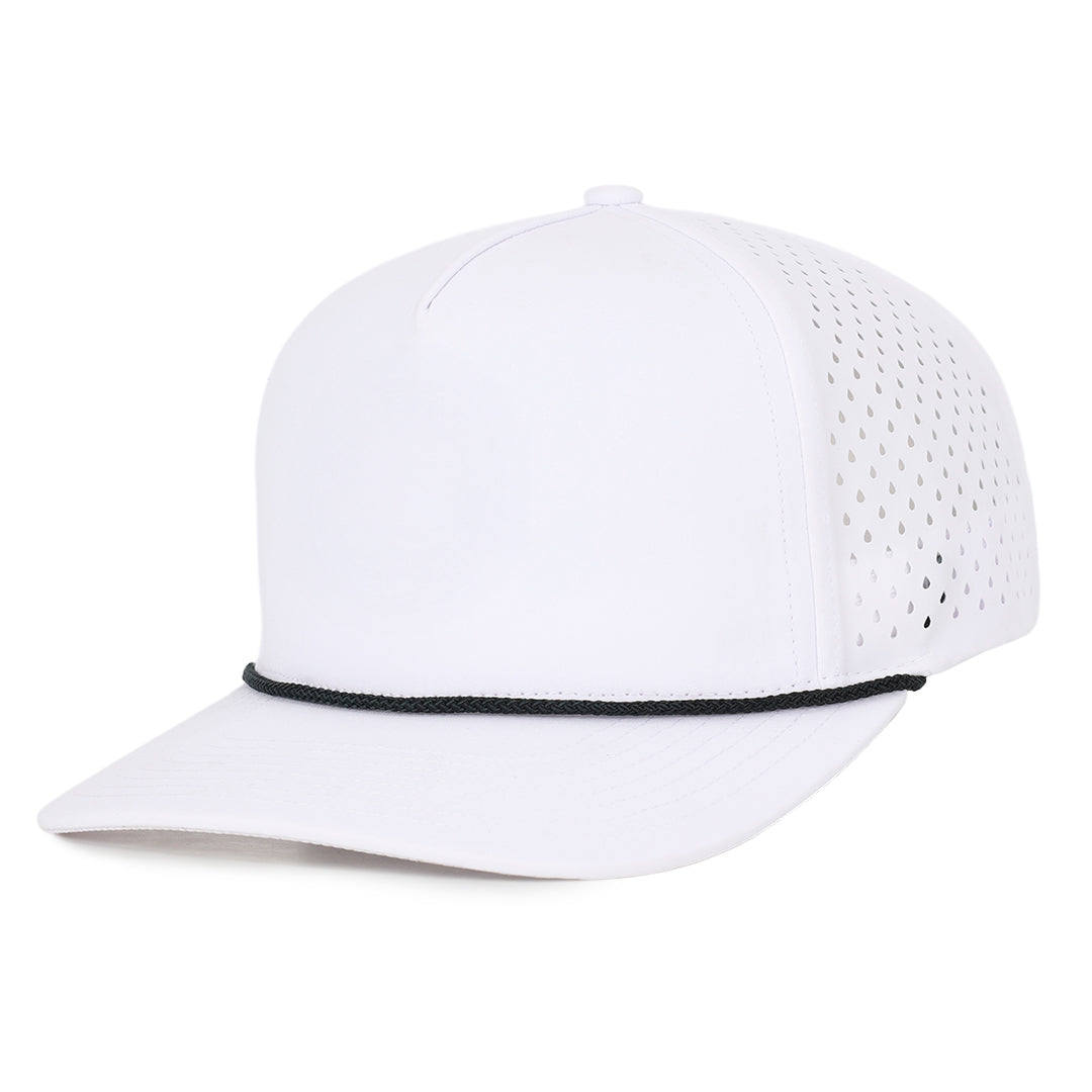 White Signature 5 panel baseball hat with black rope waterproof sweat proof Six Hats Supply