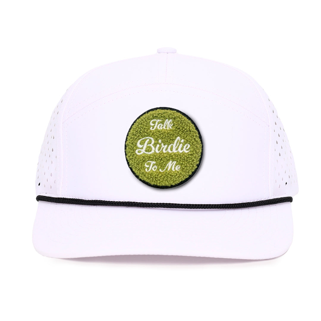 White_Tradesman_with_black_rope_Talk_Birdie_to_me_chenille_patch_waterproof_sweat_proof_caps