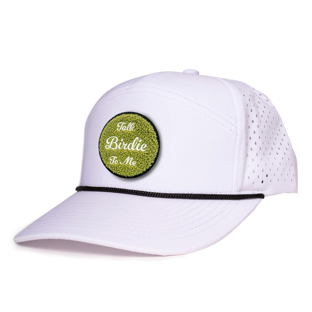 White_tradesman_side_view_with_black_rope_Talk_Birdie_to_me_chenille_patch_waterproof_sweat_proof_caps