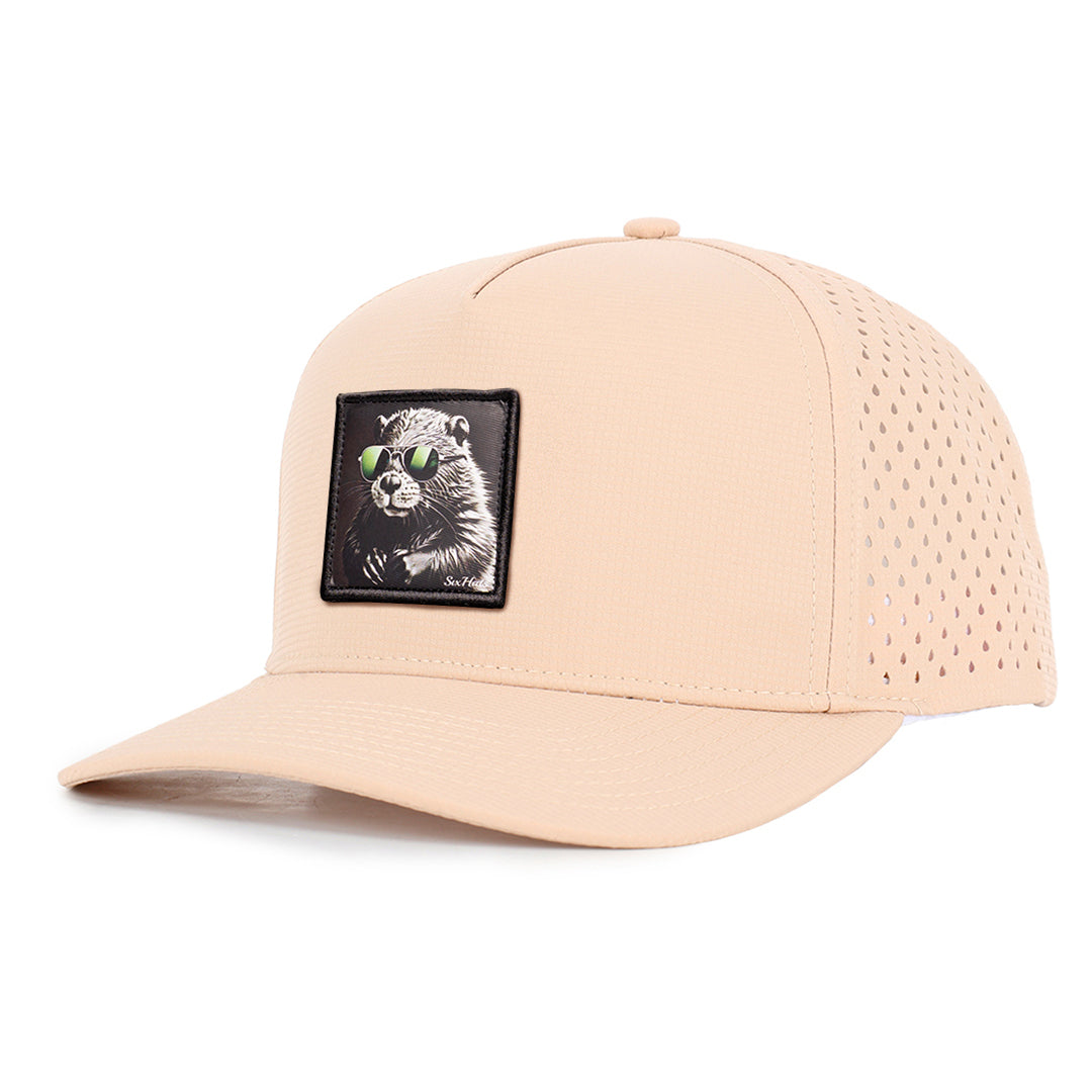 Khaki signature 5 panel cap with beaver path sew on in front waterproof and sweat proof hats Six Hats Supply