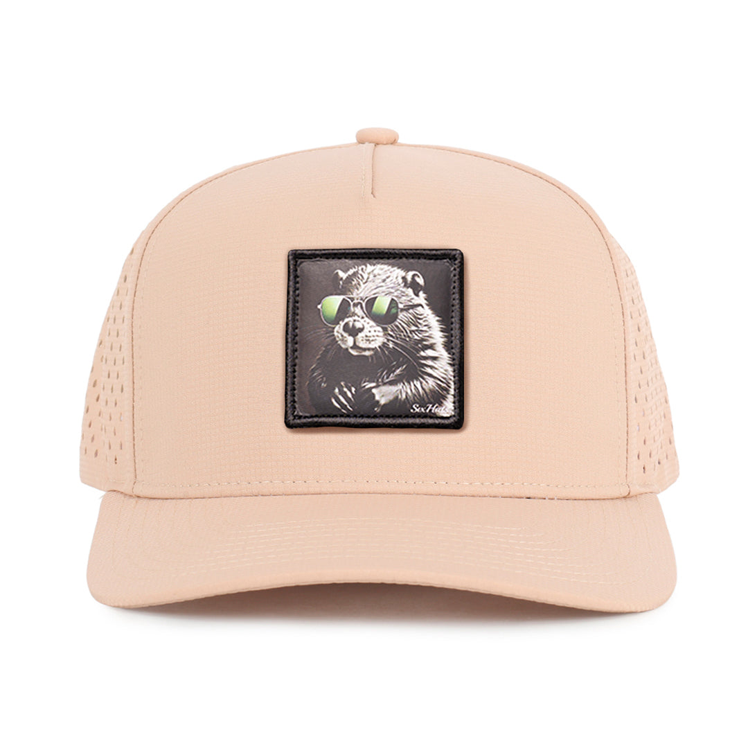 Khaki signature 5 panel cap with beaver path sew on in front waterproof hats Six Hats Supply